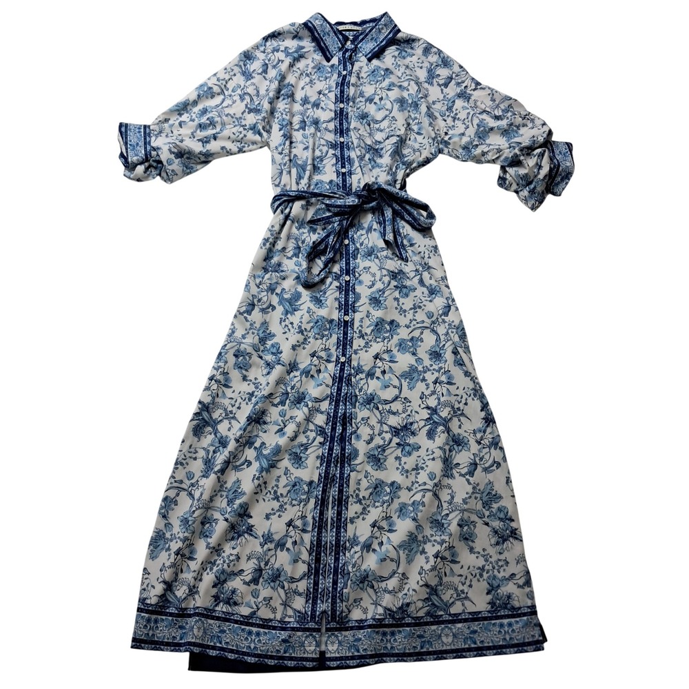 Alice + Olivia Tanika Shirt Dress Womens Medium Blue Floral Maxi Belted Cottage